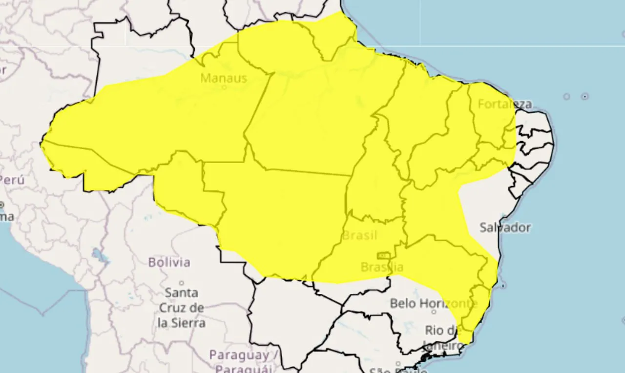 o mapa mostra as &aacute;reas em alerta amarelo para chuva intensa